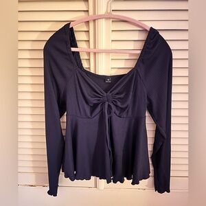 Ribbed Long Sleeve Peplum Top With Adjustable Cinch Front